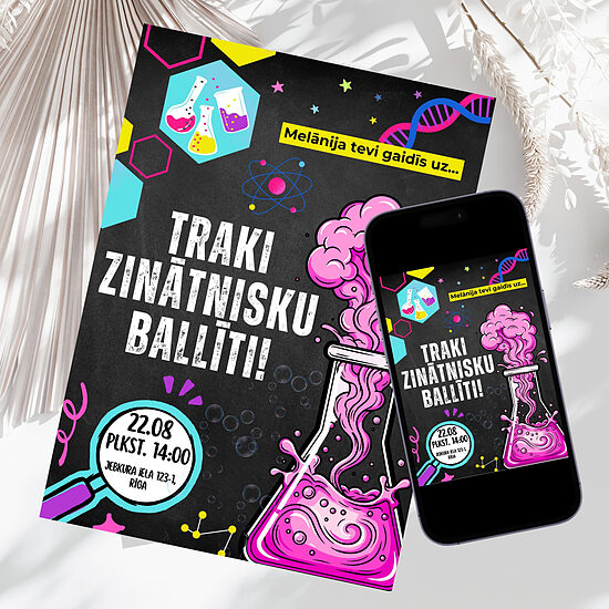"Trakā Zinātnieka" ballītes digitāls ielūgums bērniem